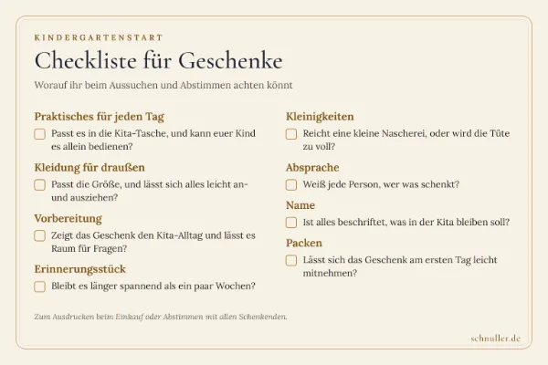 Checkliste für Geschenke zum Kindergartenstart mit Prüfpunkten von Alltagstauglichkeit bis Beschriftung.