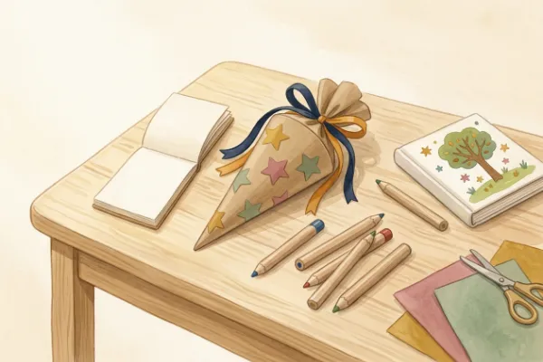 Selbst gebastelte Kindergartentüte mit Malblock, dicken Stiften und kleinem Buch