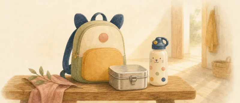 Rucksack, Brotdose und Trinkflasche als Geschenk zum Kindergartenstart auf einer Holzbank