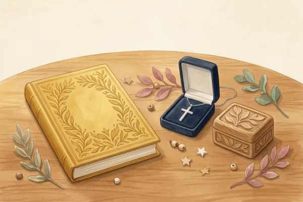 Erinnerungsalbum, Kreuzkette und Kinderbibel als Geschenkideen zur Kommunion auf einem Holztisch