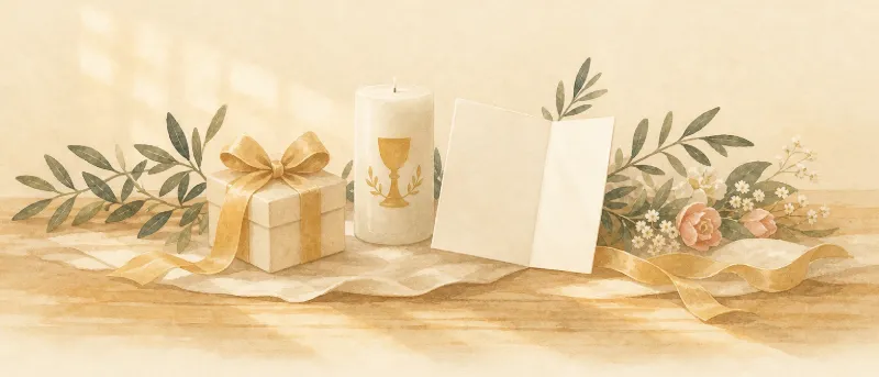 Festlich gedeckter Tisch mit Kerze, kleinem Geschenk und Karte als Geschenk zur Kommunion