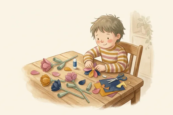 Kind bastelt bunte Papierblumen für den Muttertag am Küchentisch