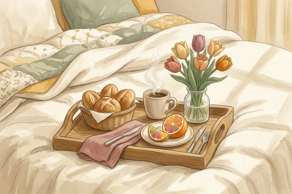 Frühstückstablett mit Brötchen, Tulpen und Kaffee als Muttertagsgeschenk am Bett