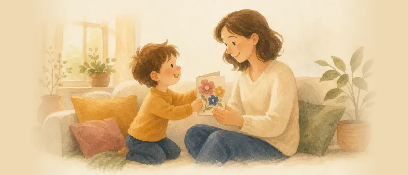 Muttertagsgeschenk: Kind überreicht seiner Mama eine selbst gebastelte Karte mit Papierblumen