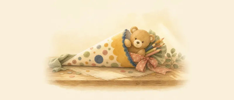 Schultüte füllen: bunte Tüte mit Stiften, Kuscheltier und kleinen Geschenken auf einem Küchentisch