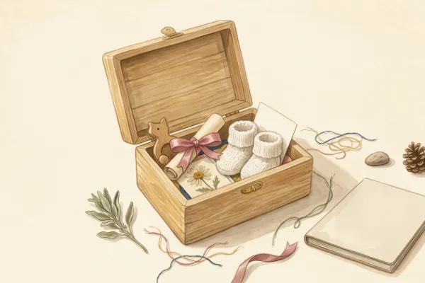 Geöffnete Erinnerungsbox mit Babyschühchen und Taufandenken als Taufgeschenk für Mädchen