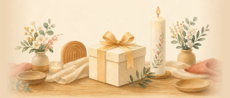 Taufgeschenk für Mädchen: Festliche Geschenkbox mit Schleife, Taufkerze und zartem Zweig auf einem Holztisch