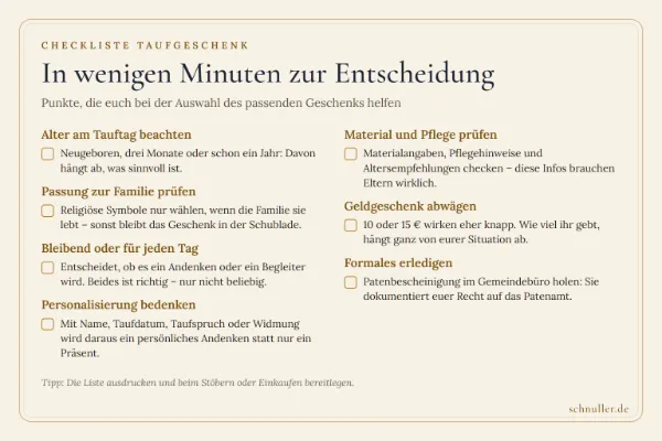 Checkliste zur Auswahl eines passenden Taufgeschenks mit Kriterien wie Alter, Personalisierung und Formales.
