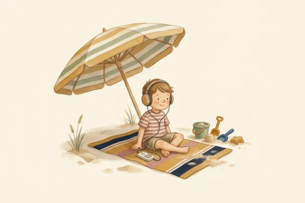 Ein Kind hört im Urlaub im Schatten eine Geschichte – Taufgeschenk fürs Patenkind