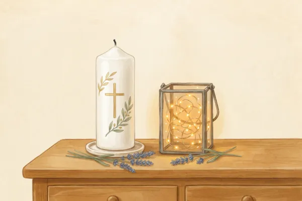 Taufgeschenk fürs Patenkind: Festliche Taufkerze mit goldenem Kreuz neben einer Laterne auf einer Holzkommode.