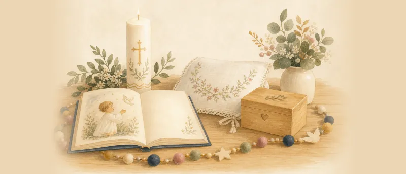 Taufgeschenk fürs Patenkind: Tisch mit Taufkerze, Kinderbibel, besticktem Kissen und Holzkiste