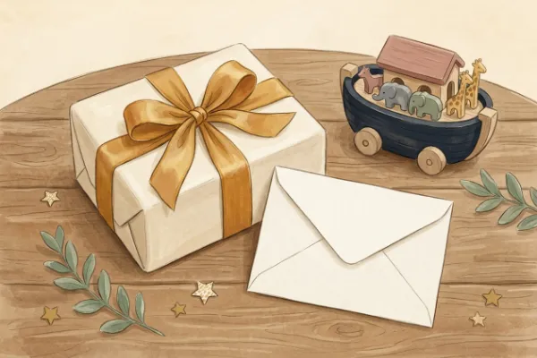 Taufgeschenk personalisiert: Festlich verpacktes Geschenk mit Gutschein-Kuvert und kleiner Holz-Arche zur Taufe