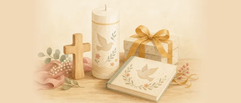 Taufgeschenk: Taufkerze, Holzkreuz und Kinderbibel neben einem Geschenkkarton mit Schleife