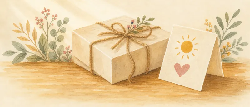 Vatertagsgeschenk mit selbst gebastelter Karte auf einem Holztisch
