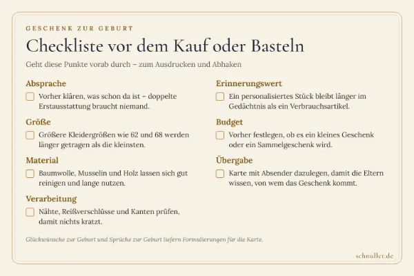 Checkliste für Geschenke zur Geburt mit Hinweisen zu Absprache, Größe, Material, Verarbeitung, Budget und Übergabe.