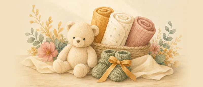 Geschenk zur Geburt Junge: gefaltete Windeltorte, Musselintücher und Kuscheltier als Geschenkset auf einem hellen Holztisch