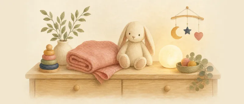 Geschenk zur Geburt Mädchen: gefaltete Musselindecke, Kuscheltier und Nachtlicht auf einer hellen Kommode
