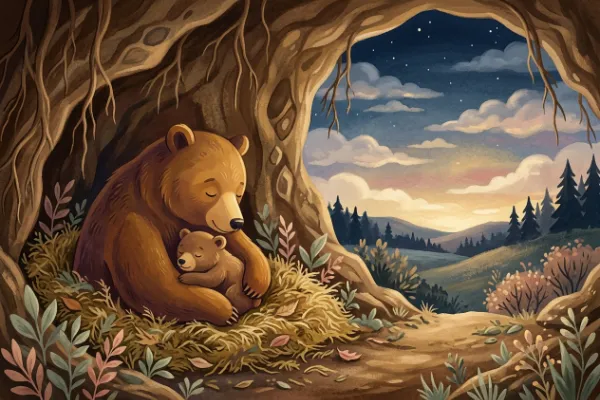 Illustration zur Geschichte Bella Bärin und die weiche Wolke: eine kleine Bärin kuschelt in einer warmen Höhle bei ihrer Bärenmama.