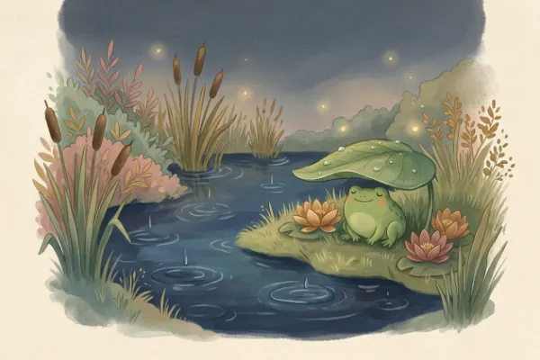 Illustration zur Geschichte Fini Frosch und das Regenlied: Ein Frosch sitzt unter einem Blatt, während leiser Regen auf den Teich fällt.