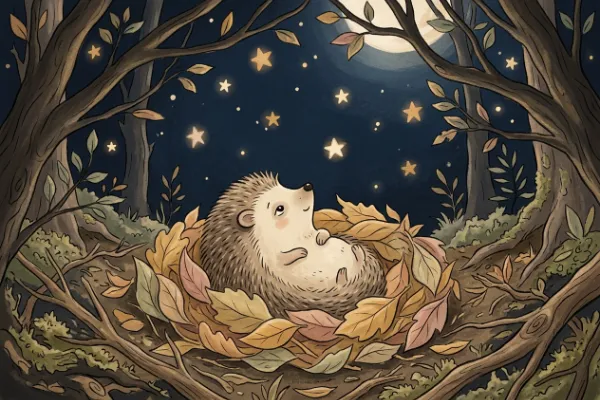 Illustration zur Geschichte Der kleine Igel zählt die Sterne: ein Igel schaut aus einem Blätternest in den Sternenhimmel.