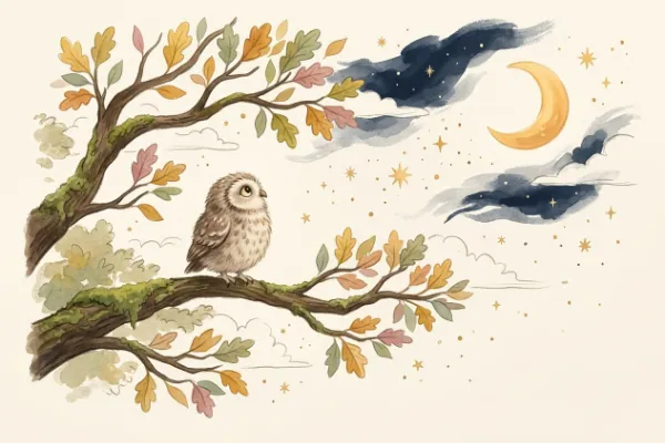 Illustration zur Geschichte Kaja Käuzchen und der gute Mond: ein Käuzchen sitzt im Mondlicht auf einem Ast der alten Eiche.