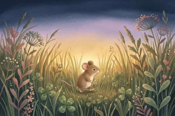 Illustration zur Geschichte Mia Maus sagt gute Nacht: eine kleine Maus geht im Abendlicht über eine Wiese.