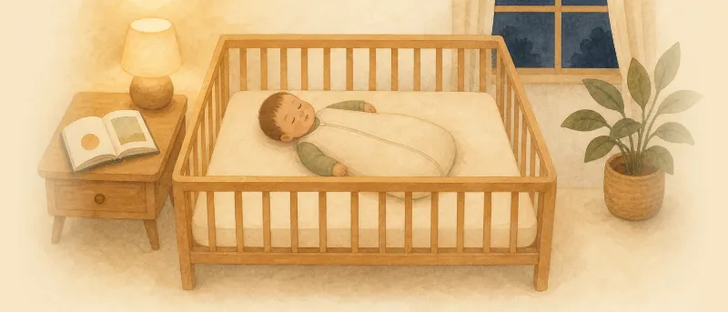Gute-Nacht-Geschichte für Babys: Ein Baby schläft im gedimmten Licht im Bettchen, daneben liegt ein aufgeschlagenes Bilderbuch.
