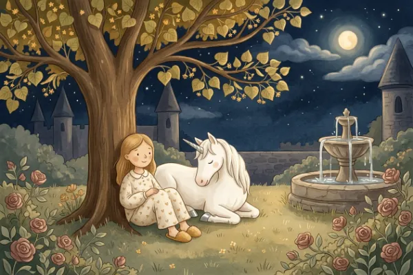 Prinzessin Selina sitzt nachts mit einem Einhorn mit silbernem Huf unter einem Lindenbaum im Schlossgarten