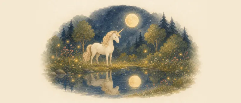 Gute-Nacht-Geschichte vom Einhorn: weißes Einhorn steht nachts an einem stillen Teich, in dem sich der Mond spiegelt