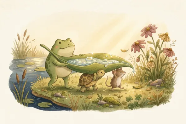 Frosch trägt mit Freunden ein Blatt voll Wasser zu durstigen Blumen am Teich