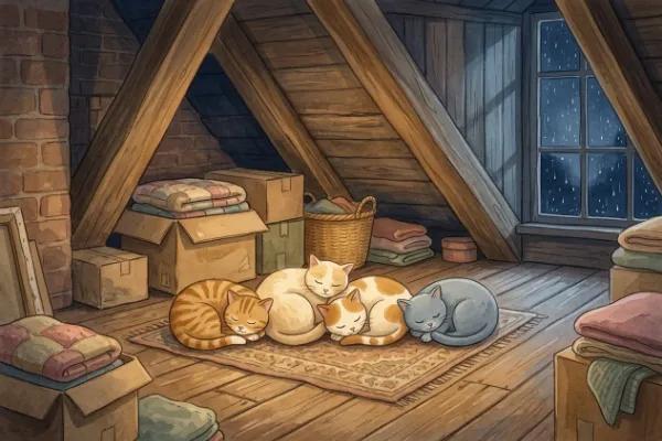 Vier Katzen liegen in einer Reihe auf einem warmen, trockenen Dachboden, während draußen der Regen fällt