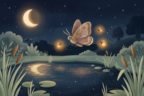 Nachtfalter und Glühwürmchen fliegen gemeinsam über einen Teich im Mondlicht