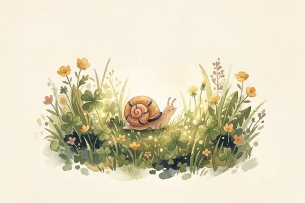 Kleine Schnecke kriecht über eine Wiese mit Kleeblättern, Kinderbuchillustration für die Gute-Nacht-Geschichte