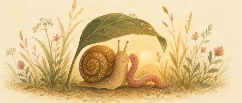 Illustration zur Geschichte über Freundschaft: kleine Schnecke und Regenwurm sitzen gemeinsam unter einem Blatt im warmen Abendlicht