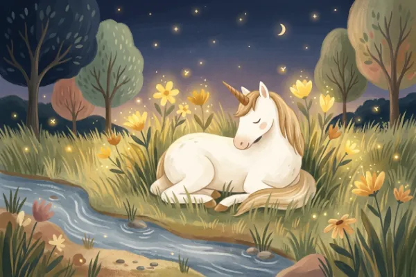 Illustration: weißes Einhorn liegt nachts auf einer Wiese mit kleinen leuchtenden Blüten – Gute-Nacht-Geschichte ab 5 Jahren