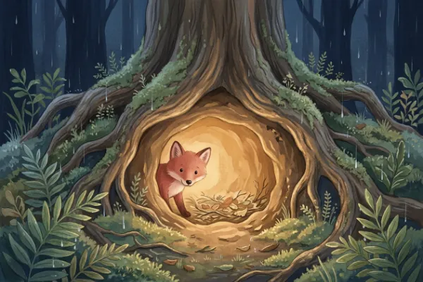 Illustration: Fuchs Filo schaut bei Regen aus seinem warmen Bau – Szene aus der Gute-Nacht-Geschichte ab 2 Jahren