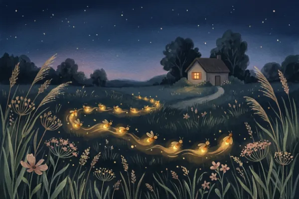 Illustration: Kette aus Glühwürmchen schwebt über einer abendlichen Wiese – Gute-Nacht-Geschichte ab 4 Jahren