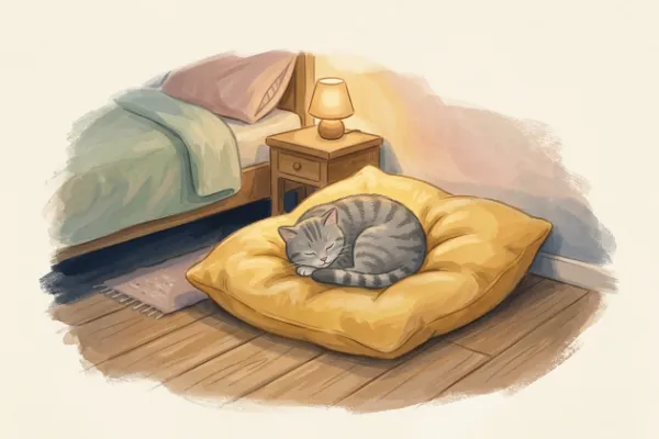 Illustration: grauer Kater rollt sich auf einem weichen Kissen neben einem Bett zusammen – Gute-Nacht-Geschichte ab 2 Jahren