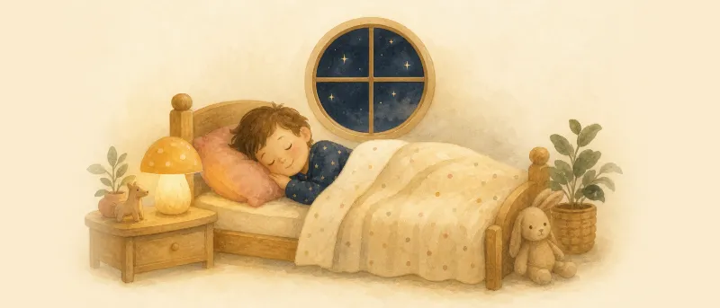 Kind liegt abends friedlich im Bett und lauscht einer Gute-Nacht-Geschichte – warmes Titelbild zum Vorlesen und Einschlafen
