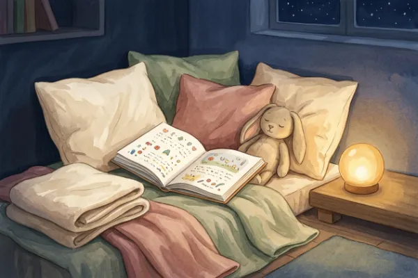 Illustration: gemütliches Kinderzimmer mit Nachtlicht, Kissen und offenem Bilderbuch – Abendritual zum Vorlesen einer Gute-Nacht-Geschichte