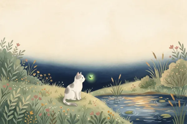 Katze Frieda und das Glühwürmchen Lumi auf der Wiese am Teich