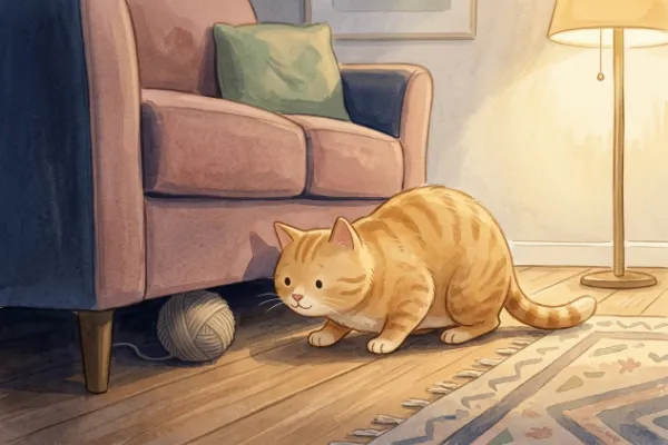 Kater Kuno sucht sein Kissen und schaut unter das Sofa