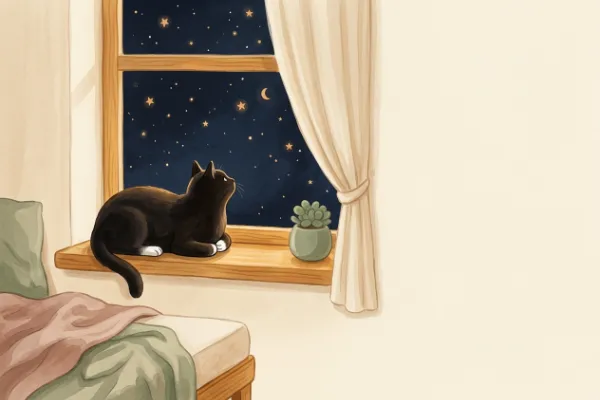 Kater Timmi liegt auf dem Fensterbrett und schaut zu den Sternen