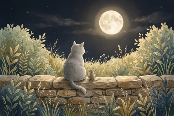 Katze Mia und die Maus Pippa sitzen im Mondlicht auf einem flachen Stein