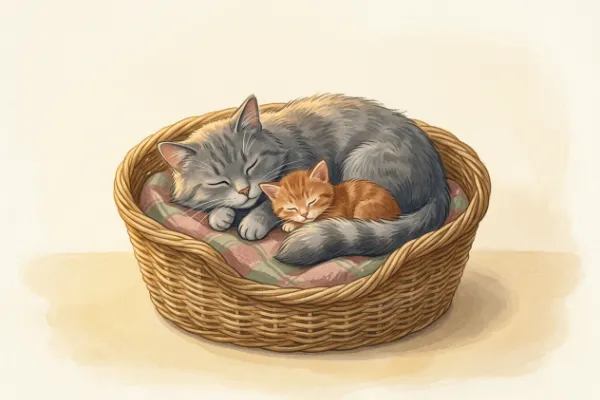 Kater Mats und die kleine Katze Möhrchen schlafen zusammen im Körbchen