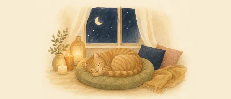 Gute-Nacht-Geschichte von der Katze: eine getigerte Katze schläft zusammengerollt auf einem weichen Kissen im Mondlicht