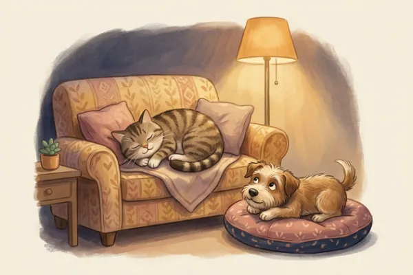 Gezeichneter Kater döst schnarchend auf dem Sofa, daneben ein Hundekissen – lustige kurze Gute-Nacht-Geschichte für Kinder