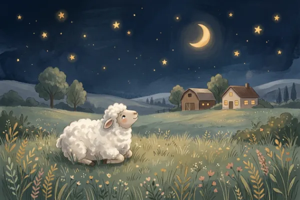 Illustration: Schaf liegt abends auf der Wiese und schaut zu den Sternen – kurze Gute-Nacht-Geschichte für die Kleinsten