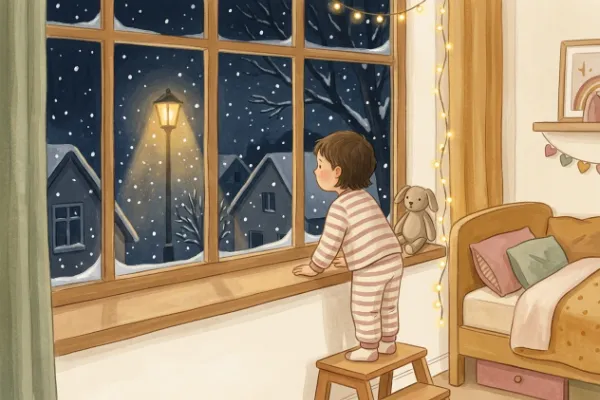 Kind schaut am Abend aus dem Fenster auf fallende Schneeflocken im Laternenlicht – kurze Gute-Nacht-Geschichte für den Winter