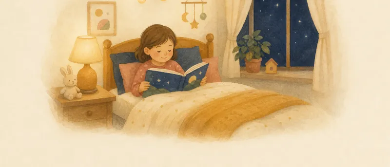 Kind liegt mit einem Bilderbuch im Bett, warmes Nachtlicht auf dem Nachttisch – kurze Gute-Nacht-Geschichte zum Vorlesen und Anhören